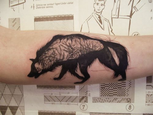 Black Ink Wolf and skull Optical Illusion Tattoo On Arm